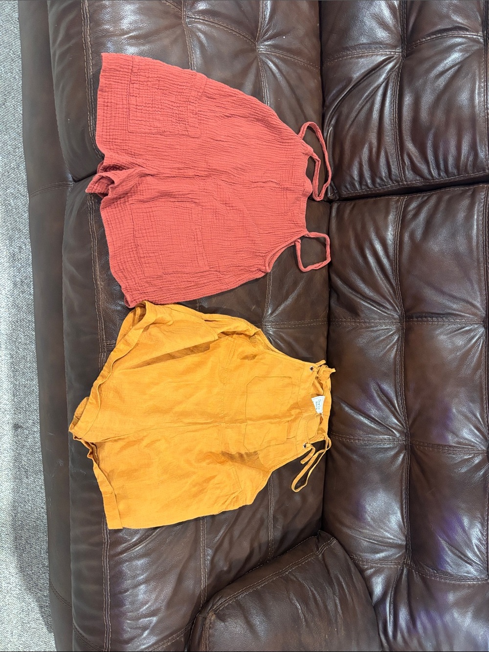 Set of Two Textured Tank rompers in Coral and Mustard